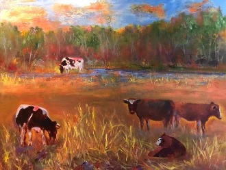 Cows Grazing in the Sunset — Oil on canvas